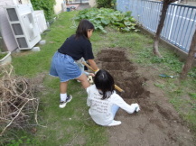 庭を耕す子どもの写真