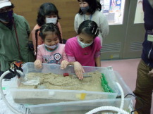 川の模型の砂を掘っている子どもたちの写真1