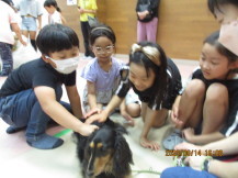 犬を撫でている子どもたちの写真1
