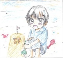 子どもが砂浜で遊んでいるイラスト