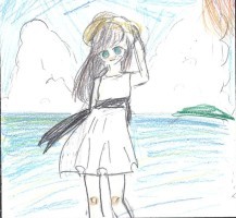 海を背景に立っている女の子のイラスト