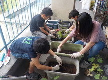 子どもたちが鉢に土を入れている写真